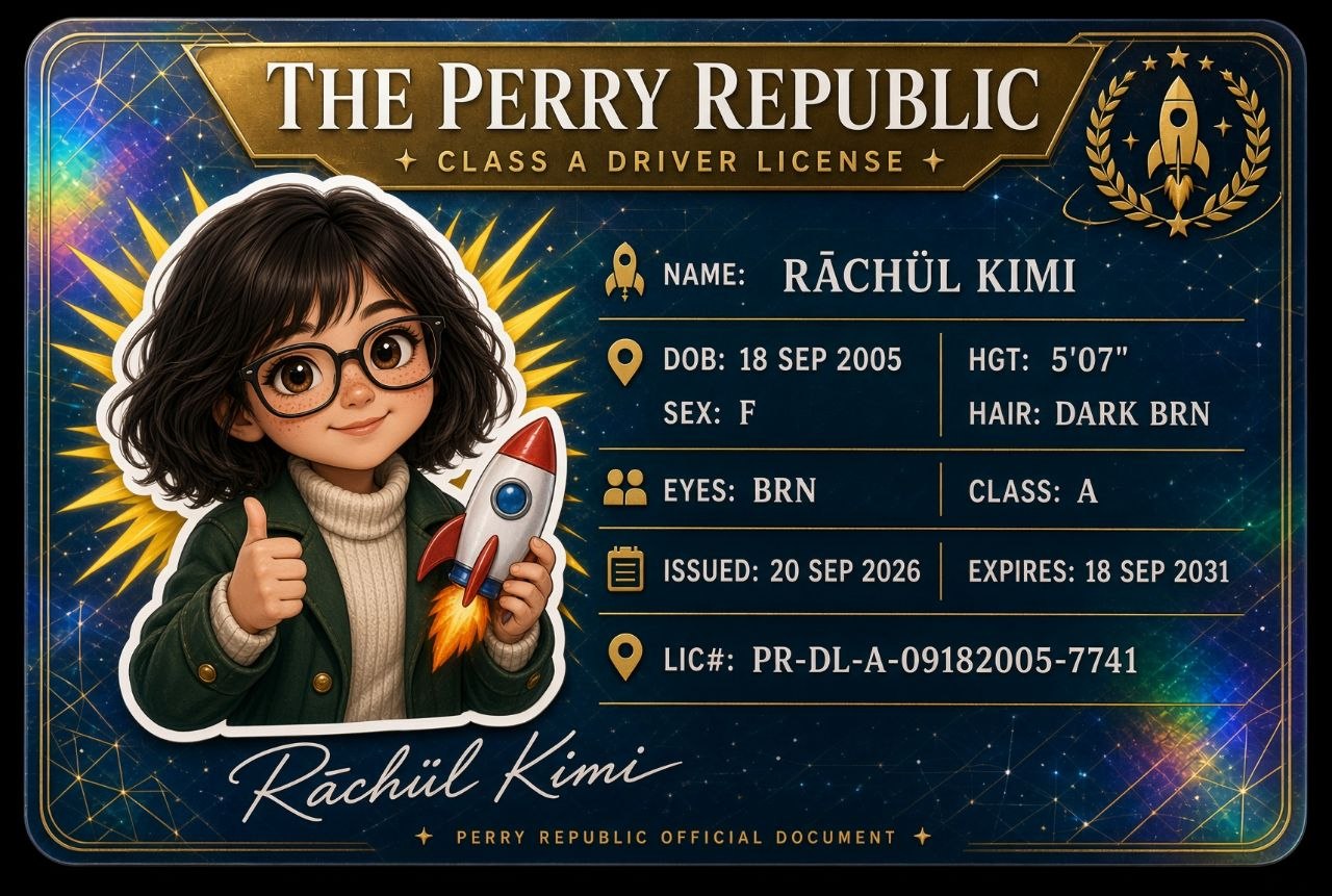 The Perry Republic Class A driver license of Rāchül Kimi — issued 20 September 2026